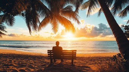 man sitting on a bench, enjoying a coffee, watching the sunrise over a quiet beach with gentle waves lapping the shore and palm trees swaying in the breeze