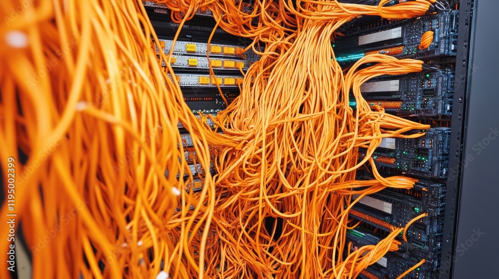 Poster A server room filled with interconnected servers and bright orange cables, illustrating complex data processing and storage in a technological environment.