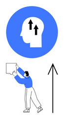 Character holding puzzle piece to complete a larger image, symbolizing problem-solving. Head icon above with arrows indicating mental growth and progress. Ideal for education, psychology