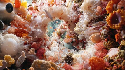 Colorful Underwater Scene Featuring Vibrant Coral, Sea Anemones, and Diverse Marine Life in a Reef Ecosystem