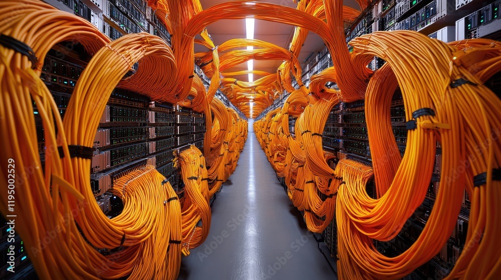 Aufkleber a server room packed with rows of interconnected servers and vibrant orange cables, representing mod