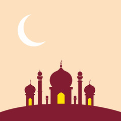 Silhouette of Mosque with Crescent Moon on Light Beige Background