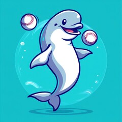 Naklejka premium Happy beluga whale juggling baseballs underwater; fun aquatic cartoon for kids' books