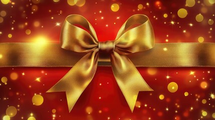 A shiny golden ribbon forming a bow on a red background, setting the stage for a beautifully wrapped Christmas gift.