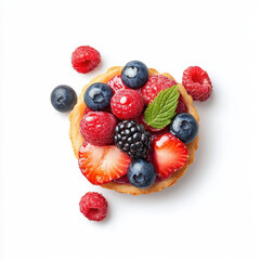 Delicious fruit tart topped with vibrant berries and mint leaves, perfect for dessert lovers