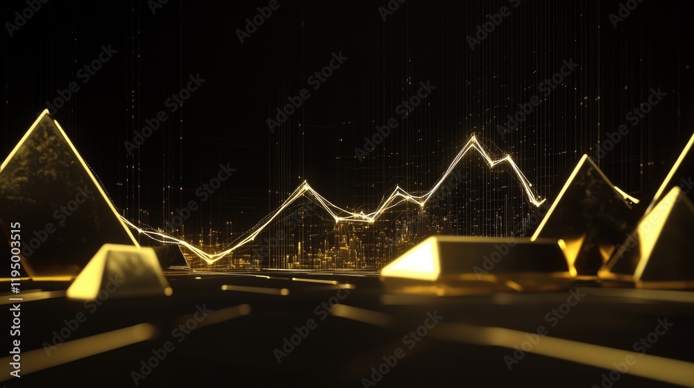 Poster a sleek gold line graph showing the upward trend of gold prices, set against a dark backdrop, with d