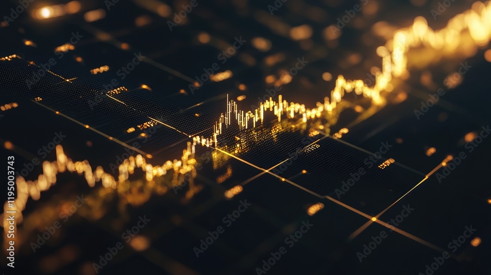 Poster a sleek gold line graph showing the upward trend of gold prices, set against a dark backdrop, with d