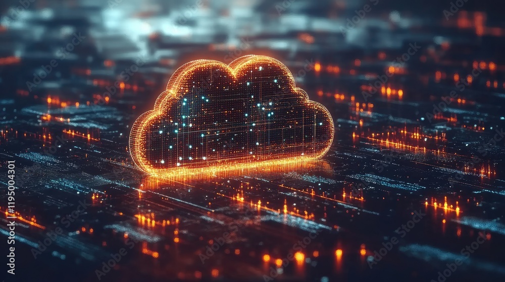 Poster advanced digital cloud computing concept with glowing data streams and floating icons, ample copy sp