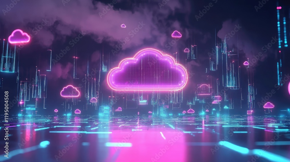 Poster advanced digital cloud computing concept with glowing data streams and floating icons, ample copy sp