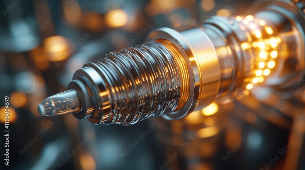 Poster A spark plug's intricate design and metallic texture shine in a close-up, with vibrant, dynamic lighting adding emphasis to its precision engineering.