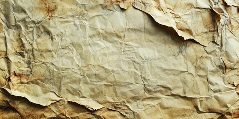Fototapeta premium Wrinkled antique textured paper with warm beige and brown tones, featuring creases and folds across a faded background for vintage design applications