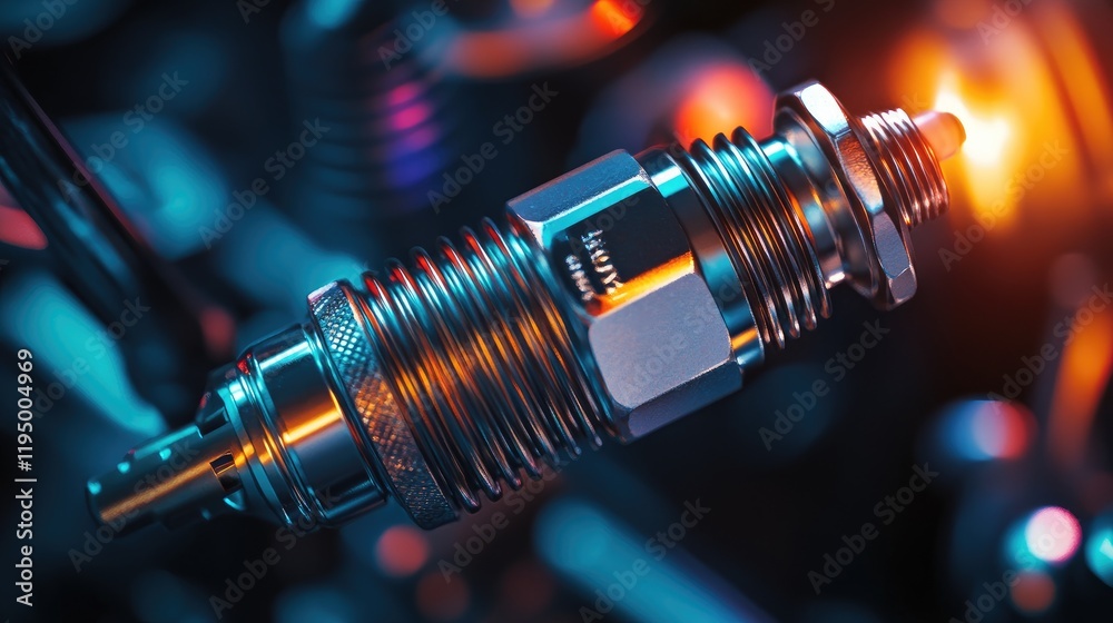 Poster A spark plug's intricate design and metallic texture shine in a close-up, with vibrant, dynamic lighting adding emphasis to its precision engineering.