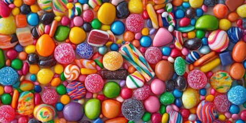 Fototapeta premium Colorful assortment of vibrant candies in hues of red green blue yellow and orange scattered across a flat surface creating a playful backdrop