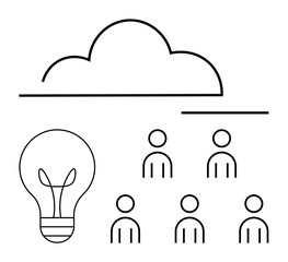 Light bulb 6 people icons, cloud. Ideal for technology, teamwork, innovation, collaboration, cloud computing, ideas, brainstorming. Line metaphor