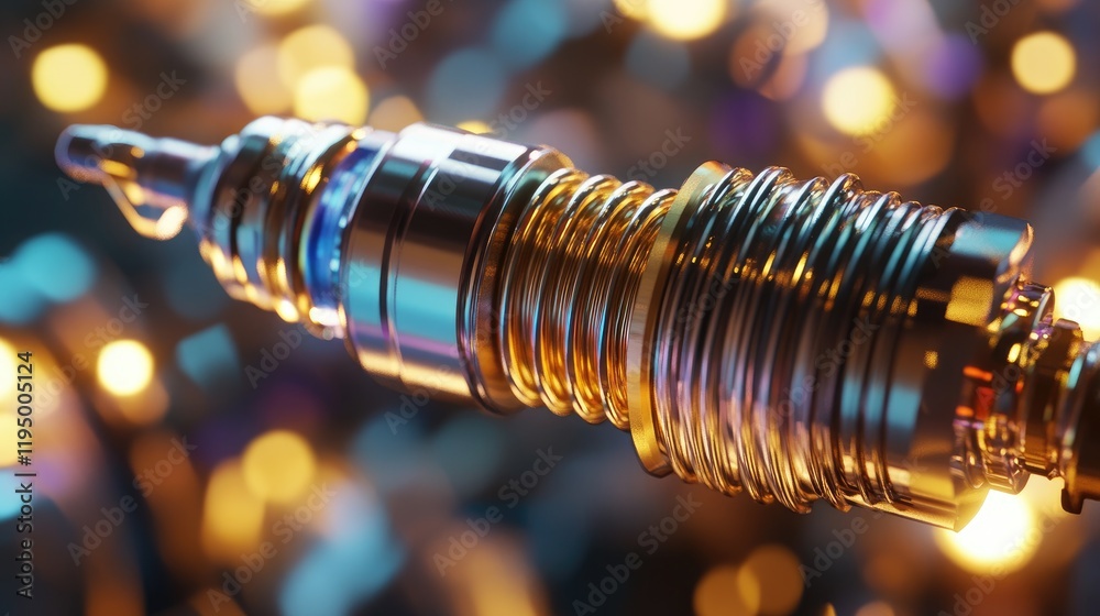 Poster A spark plug's intricate design and metallic texture shine in a close-up, with vibrant, dynamic lighting adding emphasis to its precision engineering.