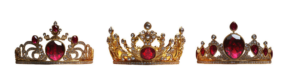 Three Gold Crowns with Red Rubies & Diamonds, Transparent Background