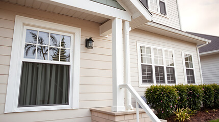 Elegant Home Exterior: Modern Design, White Windows, and Beige Siding