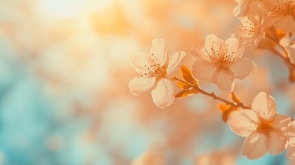 Spring design featuring cherry blossoms in full bloom on a pastel blue and soft yellow watercolor background. Detailed cherry blossoms, with subtle gradations and soft light around the petals.