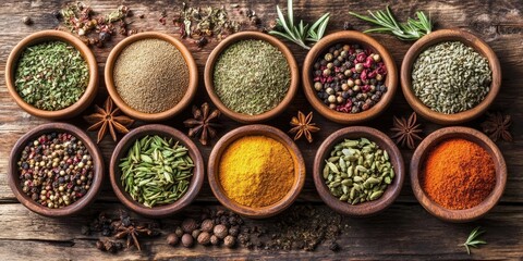 Fototapeta premium Assorted spices in brown bowls on a rustic wooden surface featuring green herbs red and yellow powders with scattered star anise and peppercorns