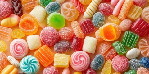 Assorted vibrant candies in a colorful arrangement featuring reds, greens and yellows scattered against a light background.