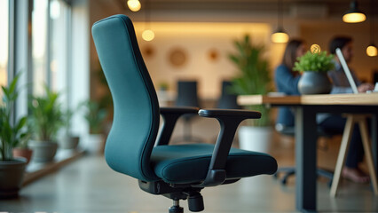 Office chair in a modern workspace with greenery and collaborative setup