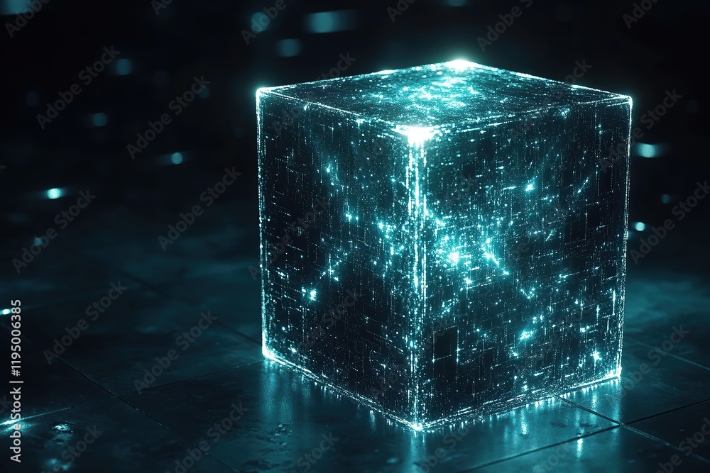 Poster 3d rendering of a futuristic cube with glowing light particles on a dark background