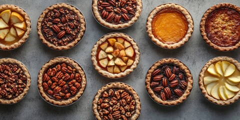 Assorted autumn pies including pecan apple and pumpkin tarts arranged in a circular pattern on a textured concrete background with warm sunlight and deep shadows