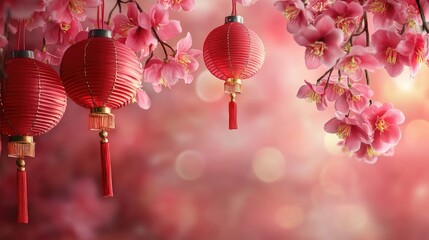 Fototapeta premium A stunning combination of Chinese lanterns and flowers in red and pink hues, celebrating the Lunar New Year with ample space for personal greetings.