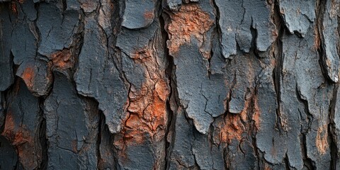Texture of candlenut tree bark with dark gray and orange hues, featuring rough, uneven surfaces and deep grooves for a natural background design.