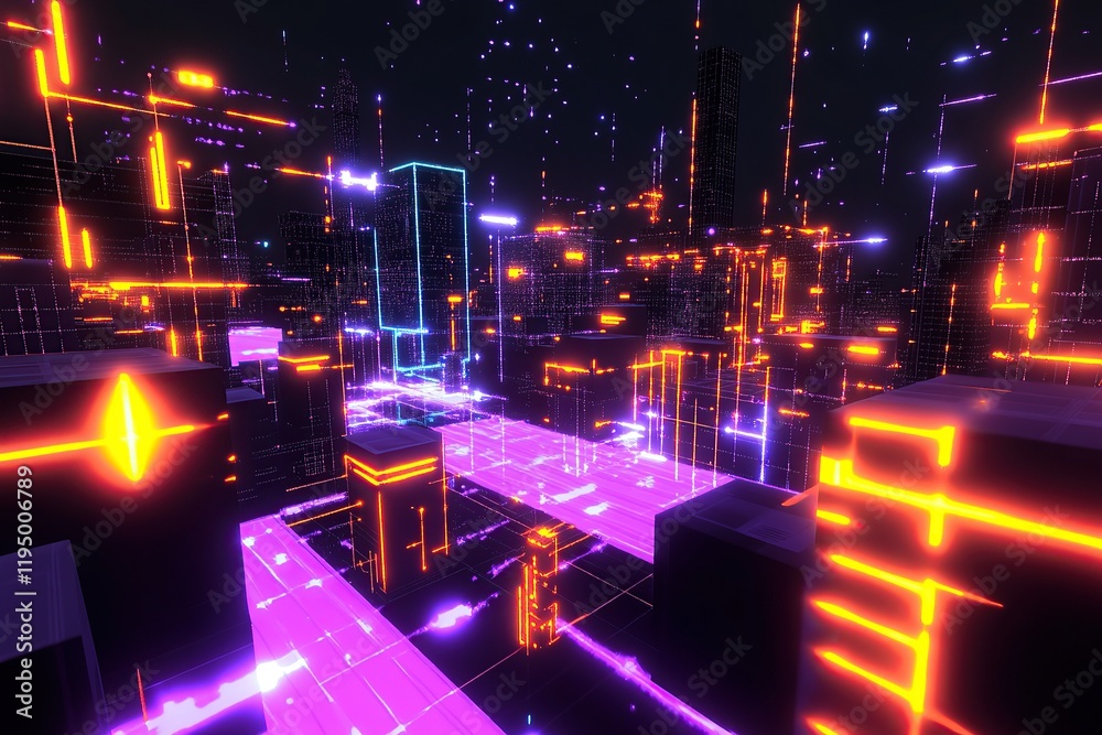 Poster 3d rendering of a futuristic cityscape with glowing data blocks and circuit patterns