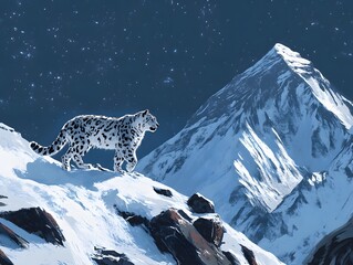 Snow Leopard's Night Ascent: Majestic Himalayan Landscape © AhStudio