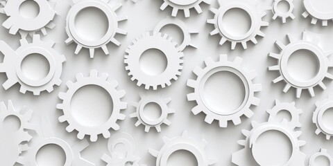 A collection of white gears are arranged in a pattern