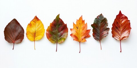 Colorful autumn leaves in shades of red, yellow, and orange arranged horizontally on a white background showcasing natural textures and patterns.