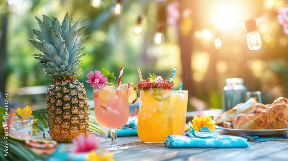 Poster enjoying a vibrant summer picnic with tropical drinks and fresh pineapples under soft evening light.