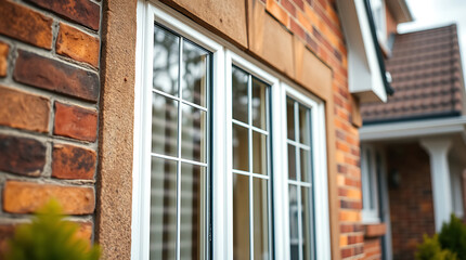 Naklejka premium Modern Brick House Exterior with White Windows and Gridded Panes. High-quality Real Estate Photography
