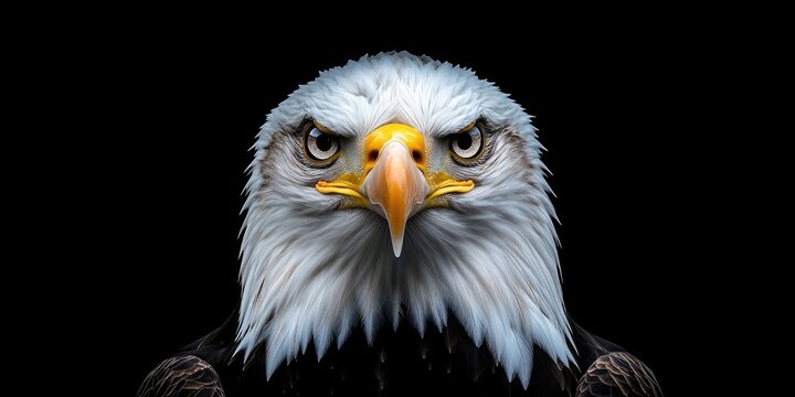 Majestic bald eagle portrait with striking white head and yellow beak against a solid black background, capturing fierce gaze and detail.