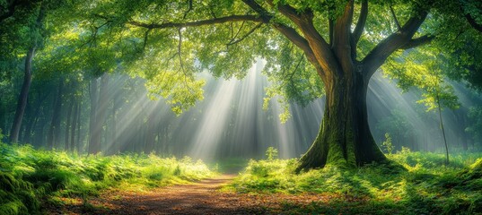 Fototapeta premium Sunbeams Illuminate a Tranquil Forest Path Through Lush Green Foliage and Towering Trees