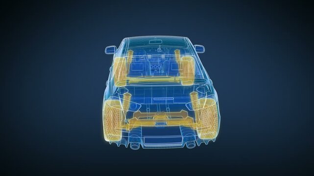 Car and Chassis X-ray/ Blueprint. 360 loopable animation HD. 
