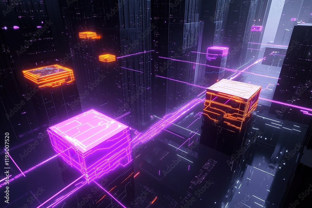 Poster 3d rendering of a futuristic cityscape with glowing data blocks and circuit patterns