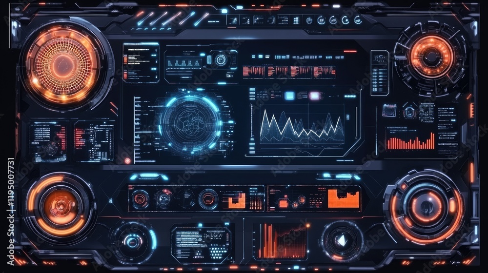 Poster business analytics interface with advanced ai icons and glowing lines of big data graphs in futurist