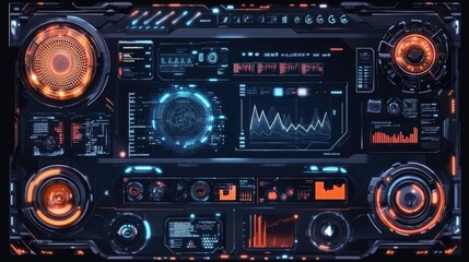 Fototapeta premium Business analytics interface with advanced AI icons and glowing lines of Big Data graphs in futuristic design
