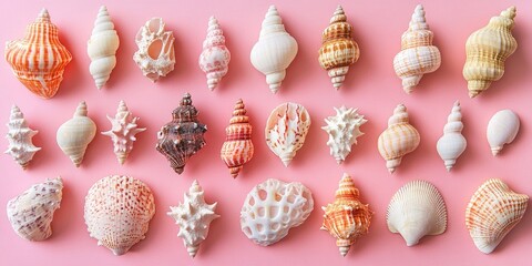 Elegant arrangement of various exotic seashells in cream and coral hues on a soft pink background showcasing diverse shapes and textures top view