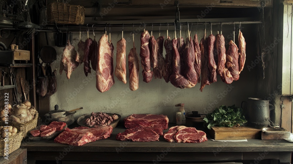 Poster a traditional butcher's shop with assorted cuts of meat hanging from hooks, highlighting the rustic 