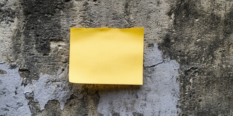 Yellow sticky note on a textured concrete wall with faded gray patches background showcasing a simple and minimalist design of communication.