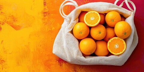 Burlap bag overflowing with fresh ripe oranges against a vibrant orange and yellow abstract background with bright colors and natural lighting