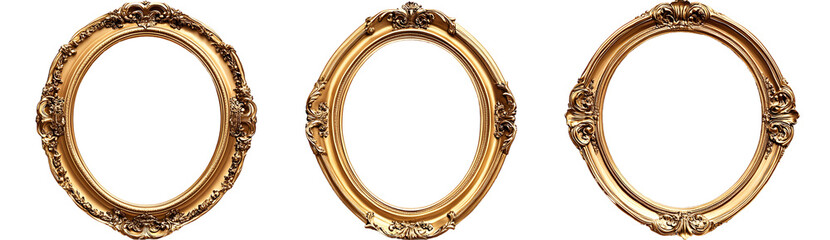 Ornate Gold Oval Frames Isolated on Transparent Background; Collection of Elegant Picture Frames with White Space