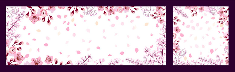 Flower frames with sakura and petals . hand drawing. Not AI, Vector illustration