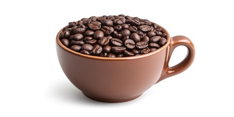 Fototapeta premium Brown cup filled with dark roasted Arabica coffee beans positioned centrally against a clean white background showcasing texture and details.