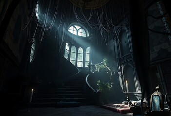 Dark Mansion Grand Staircase Sunlit Window Webs