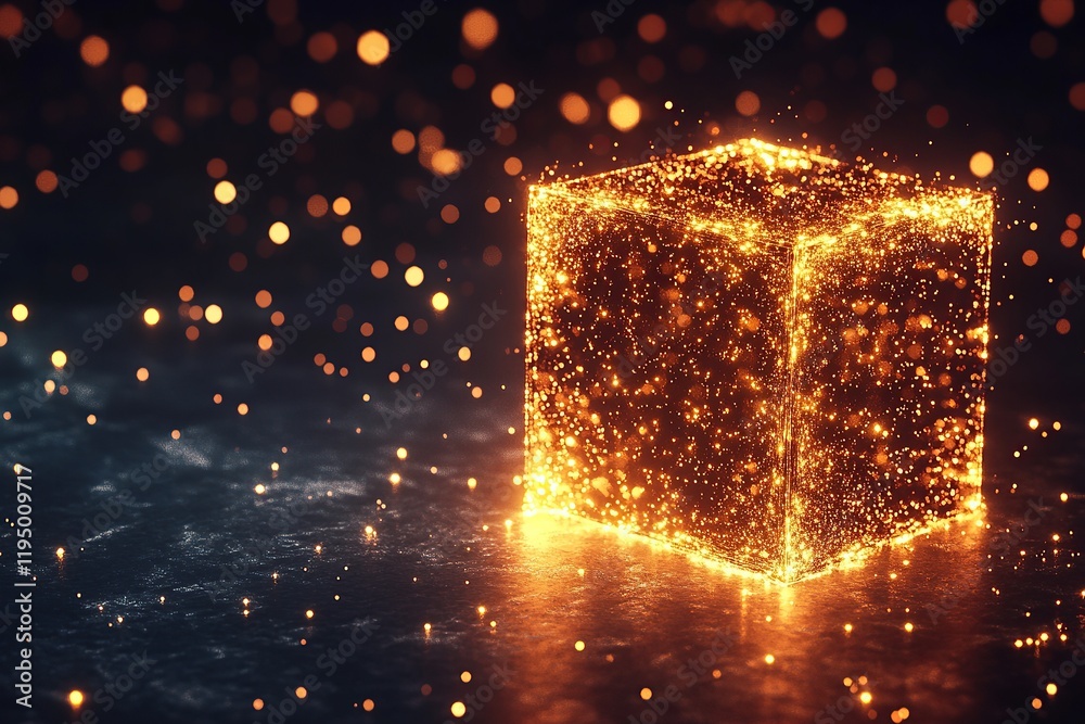 Poster 3d rendering of a futuristic cube with glowing light particles on a dark background